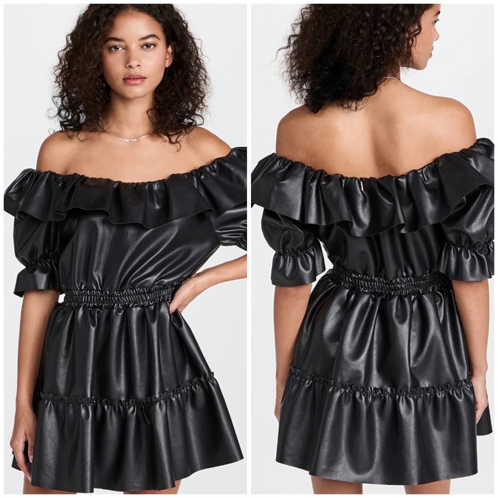 Misa Los Angeles Black Off-Shoulder Faux Leather Mini